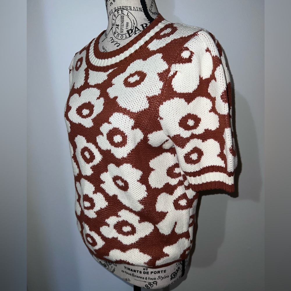 Entro Floral Knit Sweater Top Size M Brown Cream Retro Puff Sleeve - Picture 3 of 8